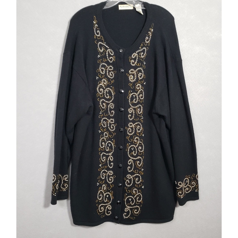 Elisabeth Liz Claiborne 3 Cardigan Black Beaded Lambswool Angora Embroidered VTG